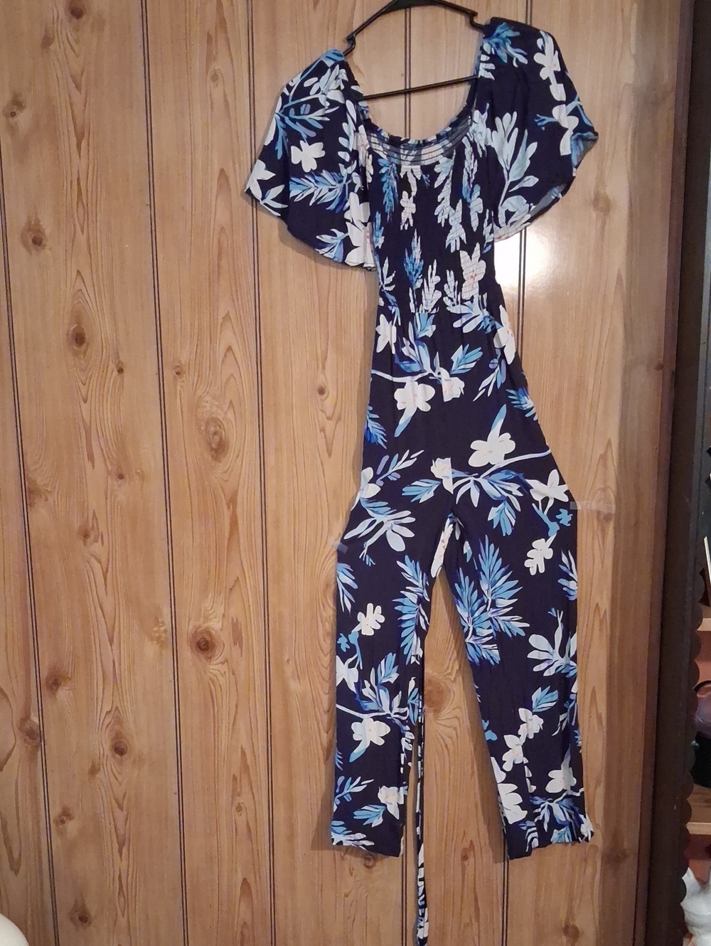 Navy Floral Off-Shoulder Jumpsuit with Blue & White Print
